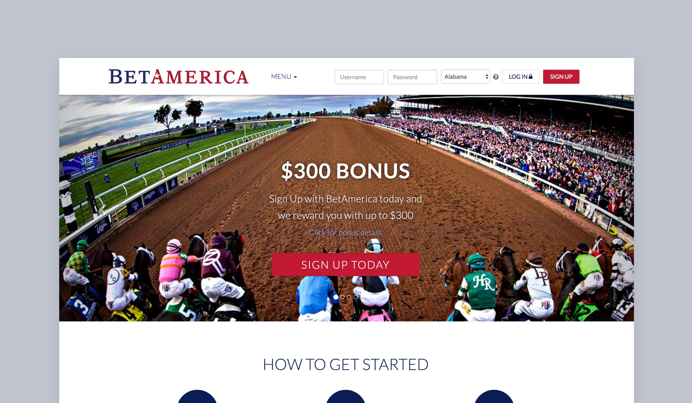 Screenshot of the top of the BetAmerica website homepage