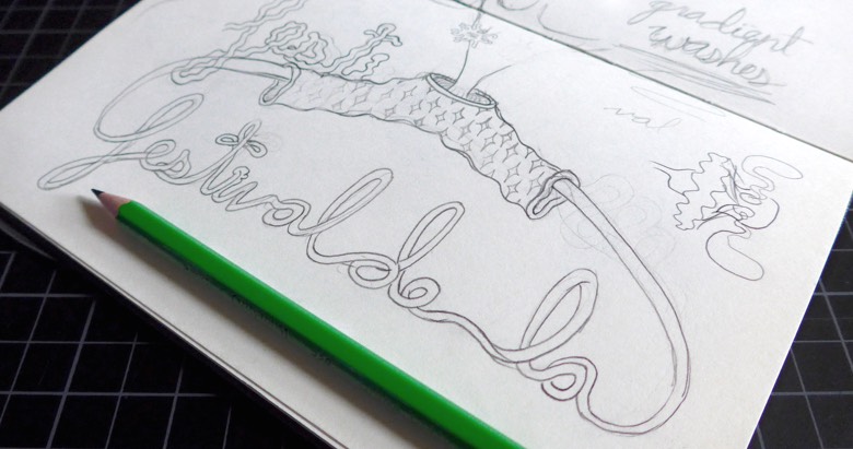 Photo of sketchbook featuring the concept sketch for 2016 Festival de la Cour Denis