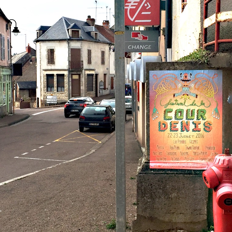 Photo of the 2016 Festival de la Cour Denis poster as seen posted on the street corner in a village in Burgundy, France