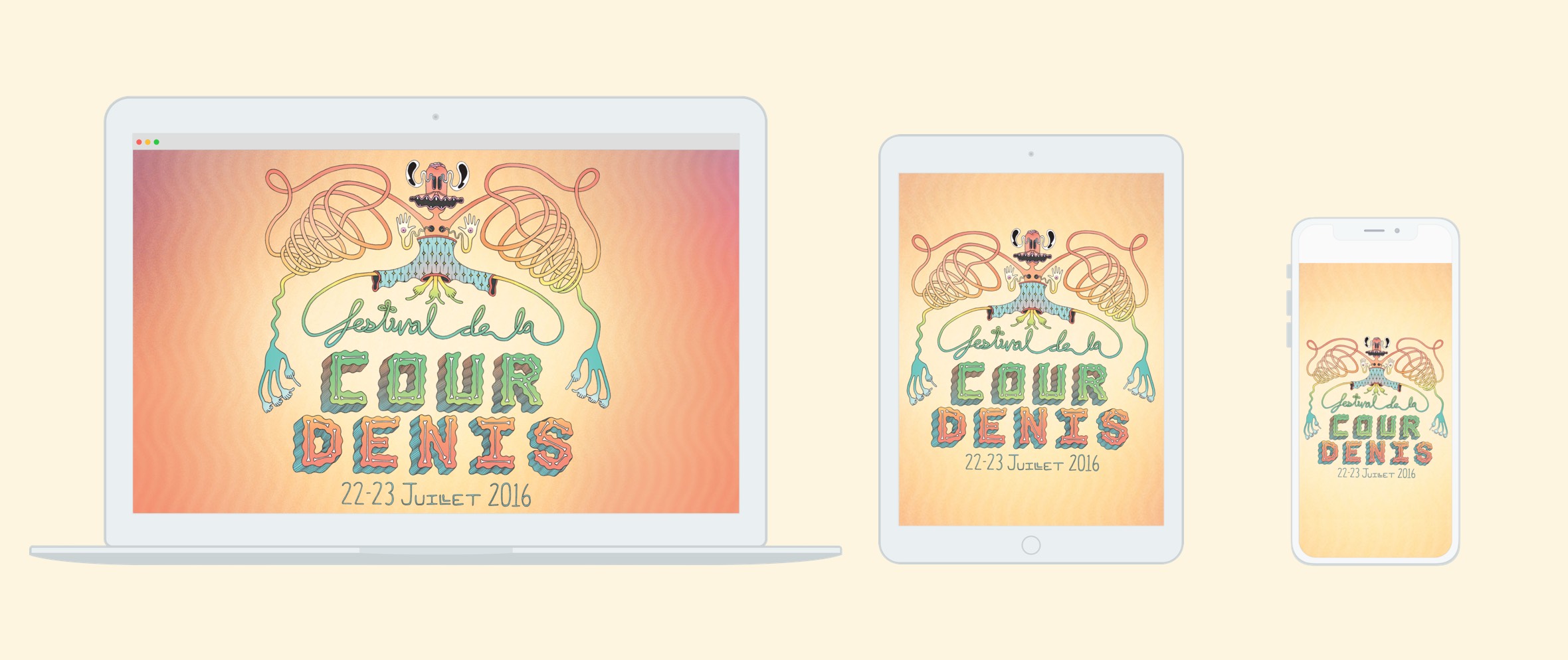 Laptop, tablet and smartphone displaying 2016 Festival de la Cour Denis website with illustration