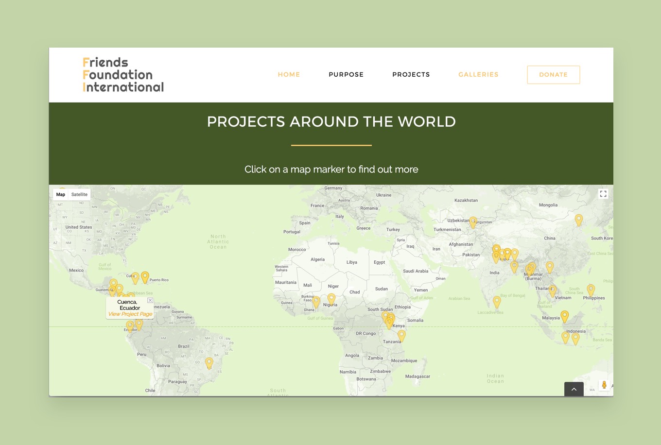 Screenshot of the map section of the Friends Fondation International website homepage