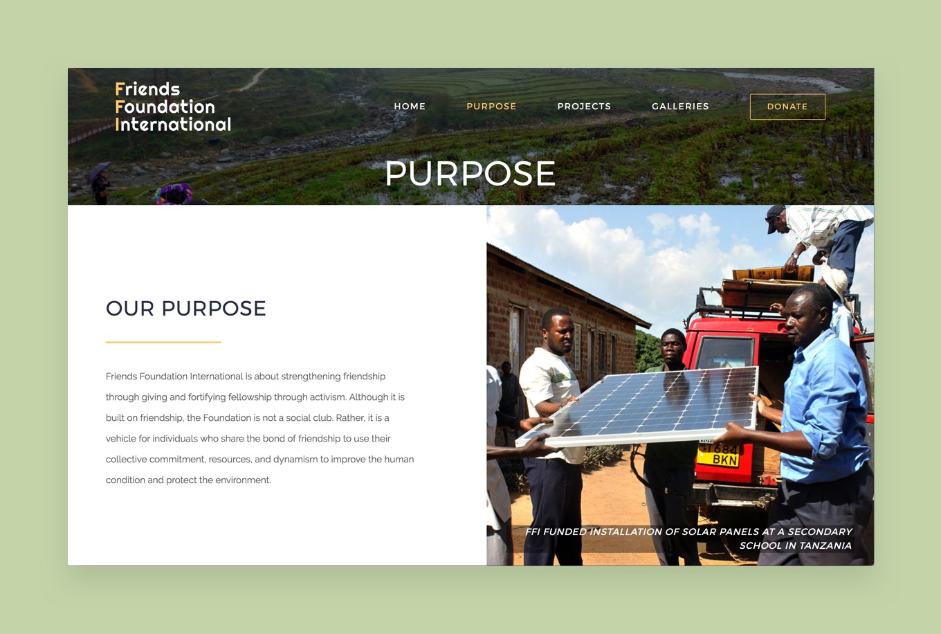 Screenshot of the Friends Fondation International Purpose page
