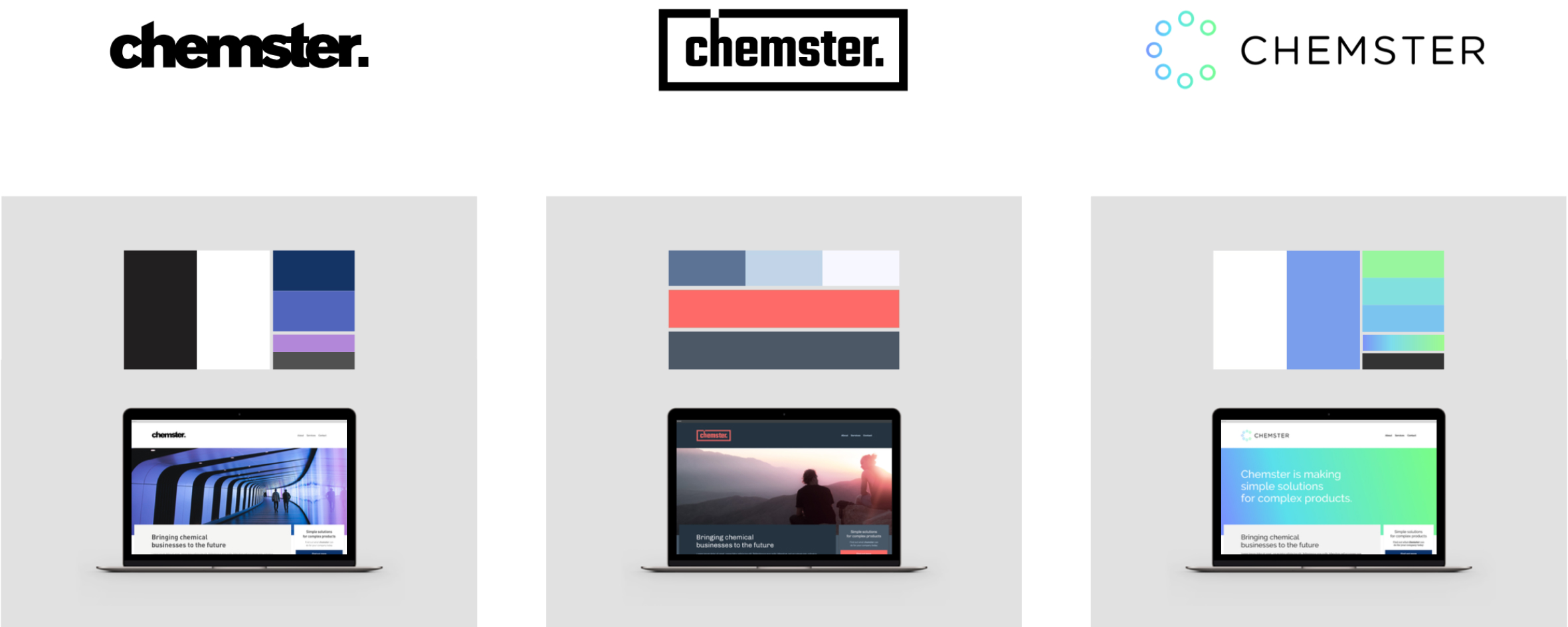 Three concept logos for Chemster.